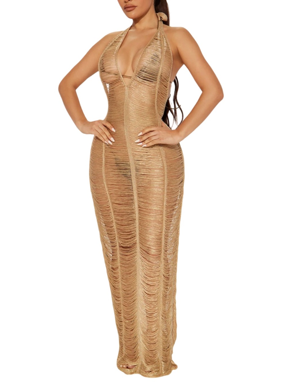 FASHION NOVA Summers With You Gold Crochet Halter Coverup Maxi Dress OS One Size